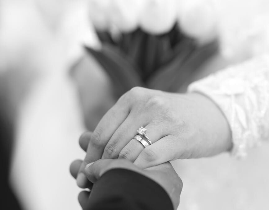 black and white wedding hands with rings