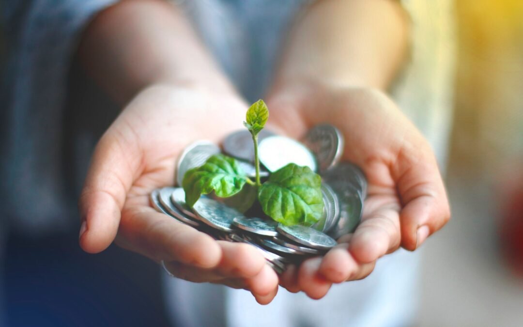a person holding coins with a small plant